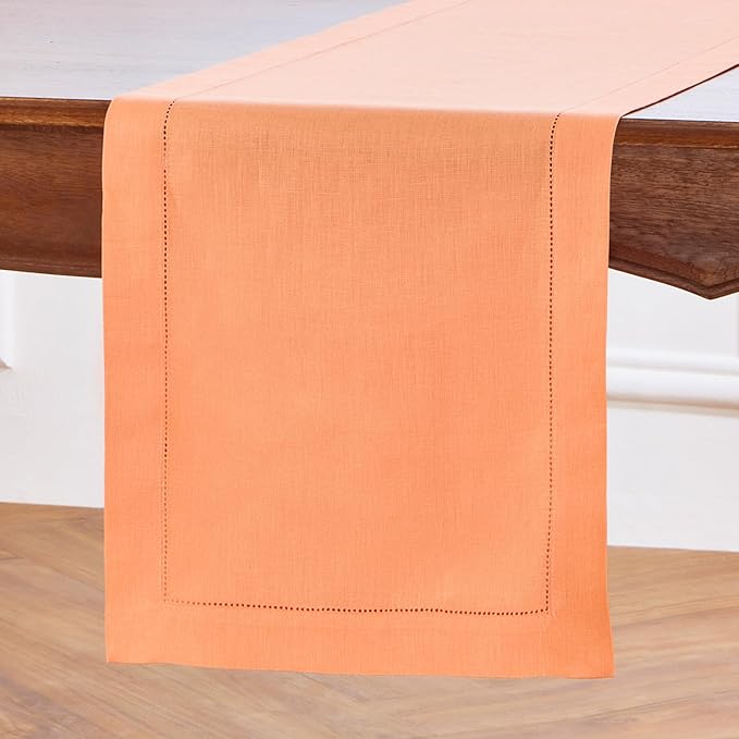 Solino Home Linen Coral Table Runner 132 Inches Long - 100% Pure Linen Extra Long Table Runner 14 x 132 Inch for Valentines, Spring, Easter - Classic Hemstitch