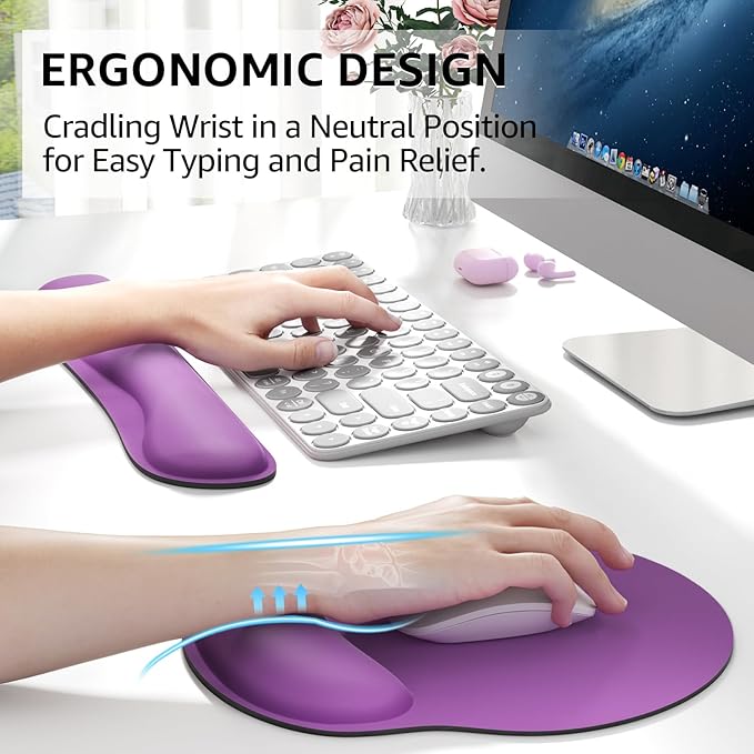 KTRIO Ergonomic Keyboard Wrist Rest, Memory Foam Mouse Pad with Wrist Rest for Computer Keyboard, Mouse Pad Set for Easy Typing & Pain Relief for Office & Home, Violet Purple