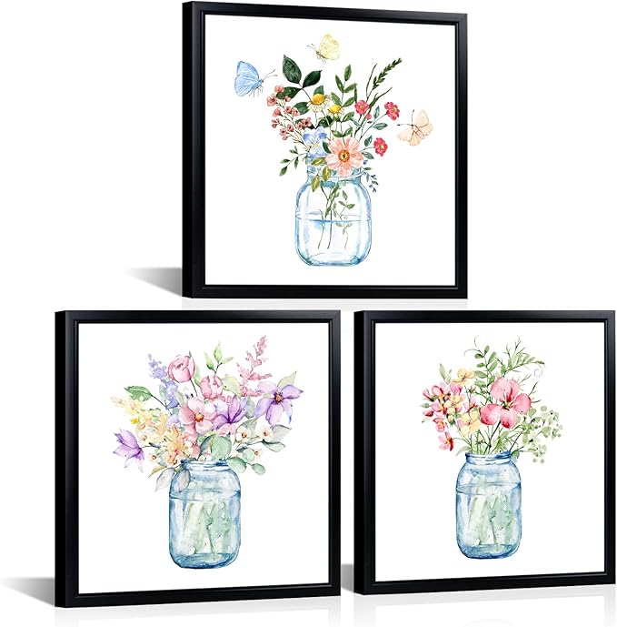 LyerArtork 3 Piece Flowers Wall Art Canvas Prints Butterfly Wildflowers in the Vase Floral Botanical Watercolour Painting Rustic Wall Decor for Living Room Bedroom Black Framed 12x12inchx3