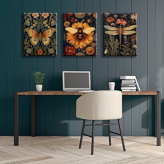 3 PCS William Morris Canvas Wall Art for Home Decor Bee Dragonfly Butterfly Painting Poster William Morris Botanical Insects Pictures Prints Wall Decor for Living Room Bedroom Home Decorations 12×16 in(Stretched Canvas on A Wooden Frame)