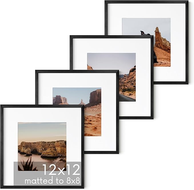 HAUS AND HUES 12x12 Black Metal Picture Frames Matted to 8x8 - Features Premium Aluminum & Hanging Hardware, Shatterproof Plexiglass - Ideal for Home, Room, Office (12x12 in, Black, Set of 4)