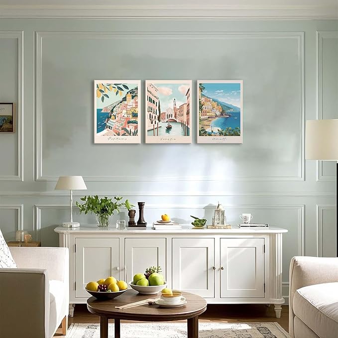 XLARTMY Italy Amalfi Coast Travel Posters Wall Art Framed Canvas Decor City Landscape Blue Venice Coast Painting Beach Modern Artwork for Living Room Bedroom Bathroom Office Set of 3 12x16in