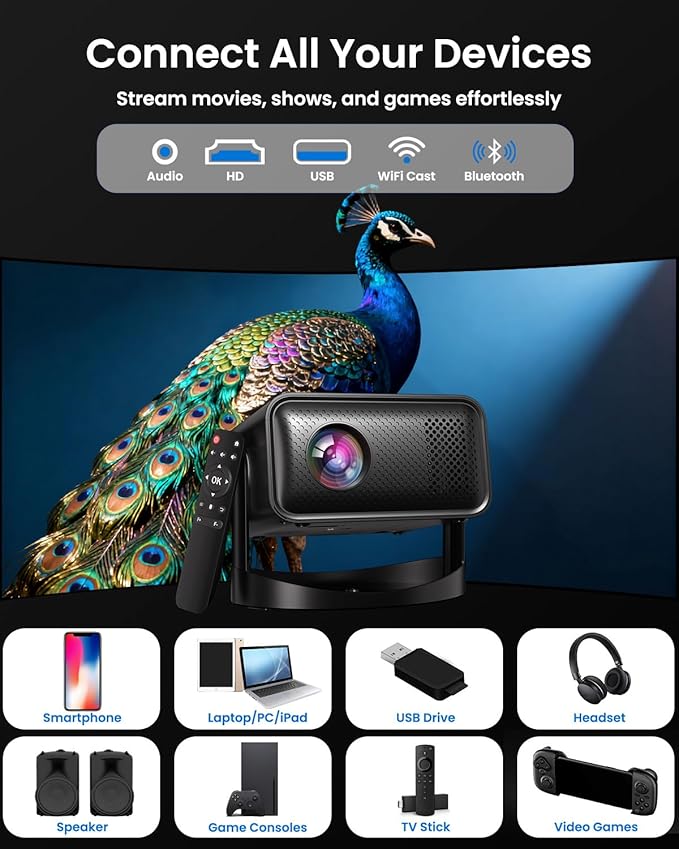 Smart Projector with WiFi and Bluetooth, UCOCARE Mini Portable Projector 4K Supported, Native 1080P Projector, Electric Focus, Auto Keystone, 50% Zoom, Video Home Movie Projector for Phone/PC/TV Stick