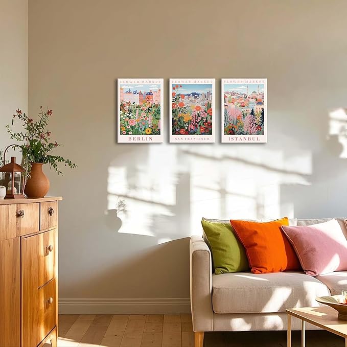 XLARTMY Flower Market Wall Art Prints Canvas Orange and Pink Floral Paintings Colorful Botanical Travel Flower Posters for Home Decor Pictures Set of 3 for Living Room Bedroom 12x16in