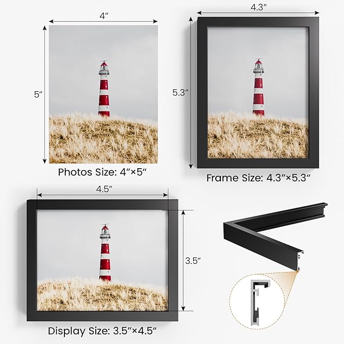 4x5 Aluminum Metal Picture Frame,Tempered Glass Black Photo Frame 4x5 for Family Photo,Posters,Art,Document to Wall Mount Horizontally or Vertically