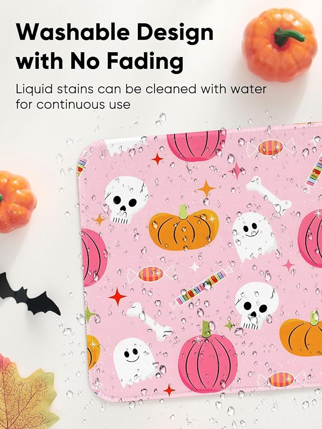 Seorsok Cute Fall Autumn Pumpkin Mouse Mat,Skeleton Skull Decor Mouse Pads for Office Laptop,Washable Square Mousepads with Extended Stitched Edges Non Slip Rubber Base 9.5"x7.8"x0.12" Inch,Pink