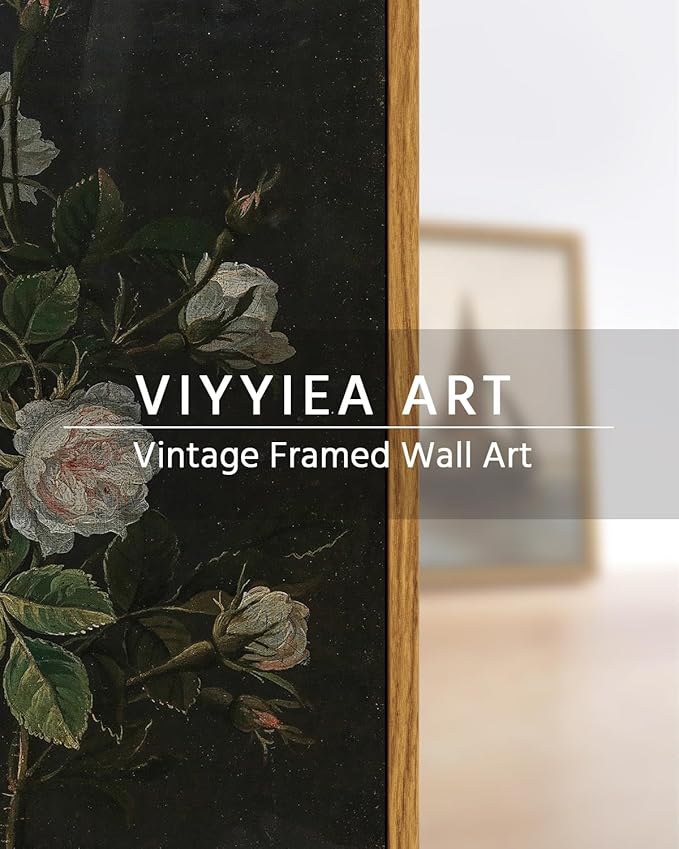 VIYYIEA Vintage Framed Wall Art, Retro Floral Paintings Art Decor Aesthetic, Canvas Print Artwork, Classical Flower Wall Pictures for Bedroom Living Room Fireplace Shelf, 8x10 Inch