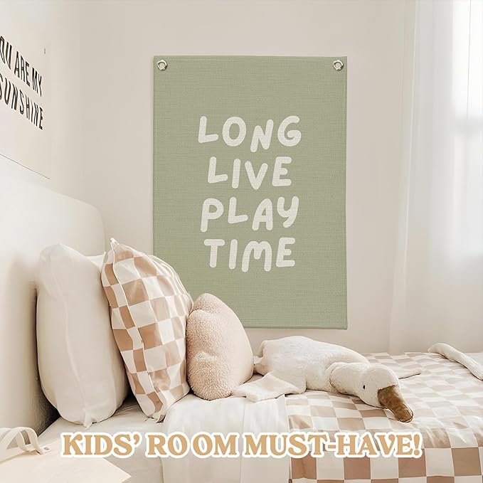 Playroom Decor,Long Live Playtime Wall Hanging Linen Banner,Sage Green Striped Wall Flag for Kids Room Nursery Playroom Decor,18x25 Inch