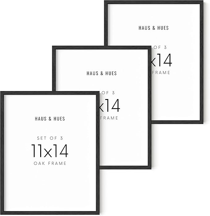HAUS AND HUES 11"x14" Black Oak Wood Frames Set of 3-11x14 Poster Frame Black, 3 Poster Frame Set of 3, 11x14 Frame 3 Pack, 11 x 14 Frame Art, Certificate Frames