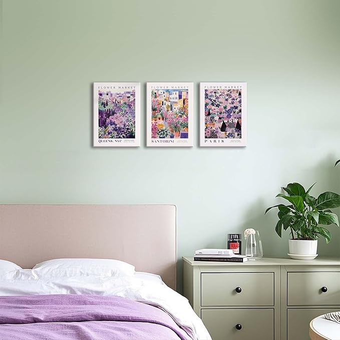 XLARTMY Flower Market Wall Art Prints Canvas Purple and Pink Floral Paintings Colorful Botanical Travel Flower Posters for Home Decor Pictures Set of 3 for Living Room Bedroom 12x16in