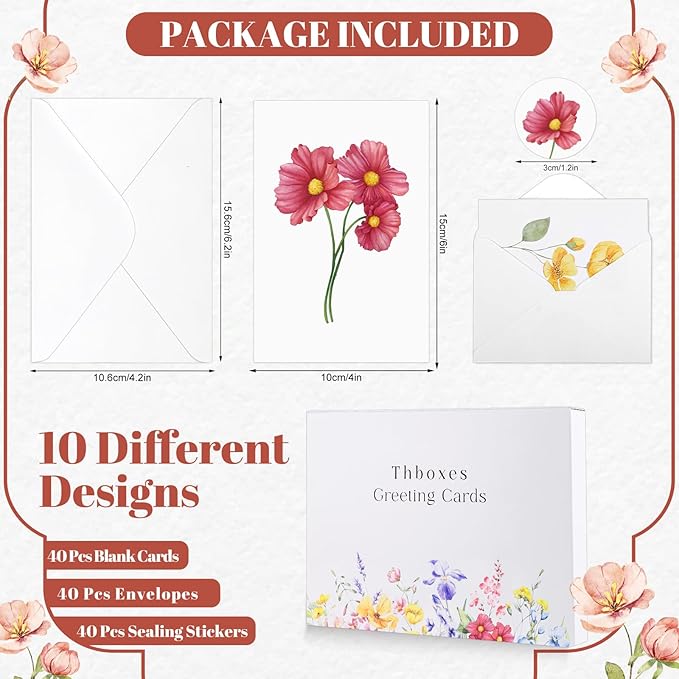 Blank Cards and Envelopes, 40 Pack Blank Cards 4x6 Inches (10 Floral Designs), Elegant Blank Greeting Card, Blank Note Cards with Sealing Stickers for Birthdays, Weddings, Most Other Occasions