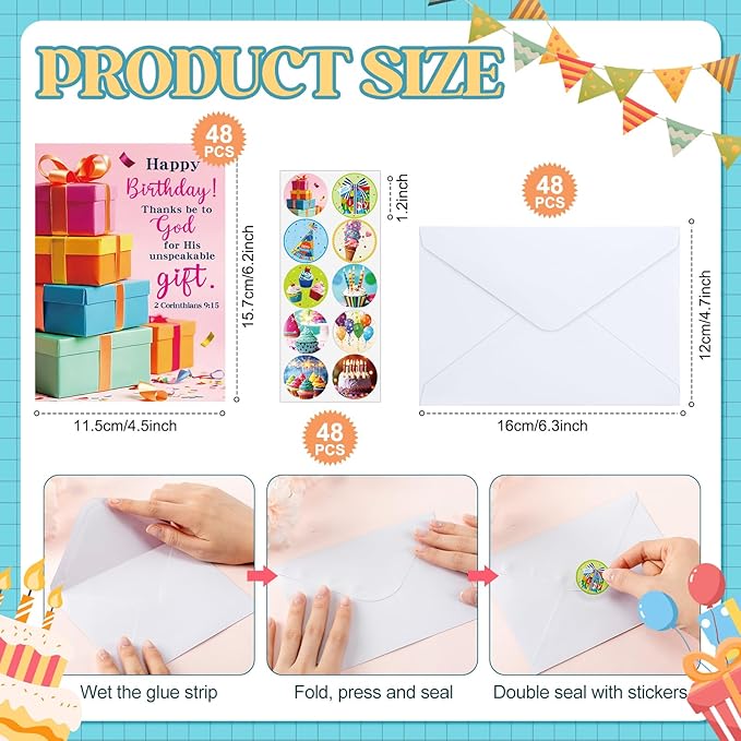 48 Pack Religious Christian Birthday Cards Bulk with Scripture Assorted Bible Verse 4.5 x 6.2 Inch Christian Blessings Birthday Greeting Cards with Envelopes and Stickers (Bright Style)