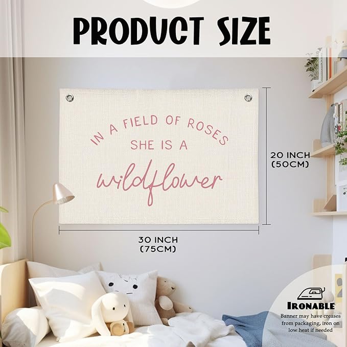 Wildflower Nursery Decor, Girls Room Decor - In a Field Full of Roses She Is a Wildflower Pink Linen Banner Flag for Little Girl Baby Girl - Pink