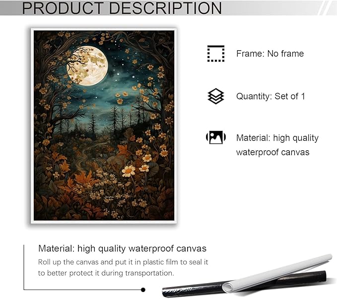 Vintage Moon Posters Painting Art, William Morris Full Moon Above Woodland Print - Morris Exhibition Print,Botanical Art Wall Decor for Bedroom Kitchen Living Room Office 24x36in Unframed poster