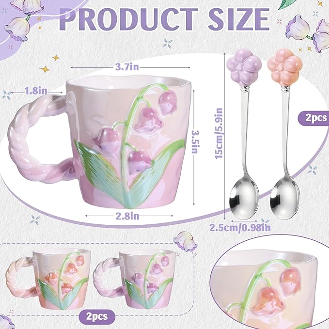 Yoiemivy 2 Pack Cute Coffee Mugs 3D Flower Ceramic Mugs 13 oz Aesthetic Floral Cups Christmas Birthday Gifts for Women Friends Family Flower Lovers