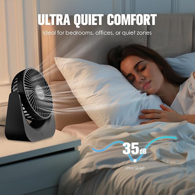 Small USB Desk Fan – 5-Speed Mini Table Fan with Adjustable Tilt, Ultra Quiet, USB Powered, Portable Cooling Fan for Home, Desktop, Bedroom, Bed, Office, Travel, and Camping (Black)