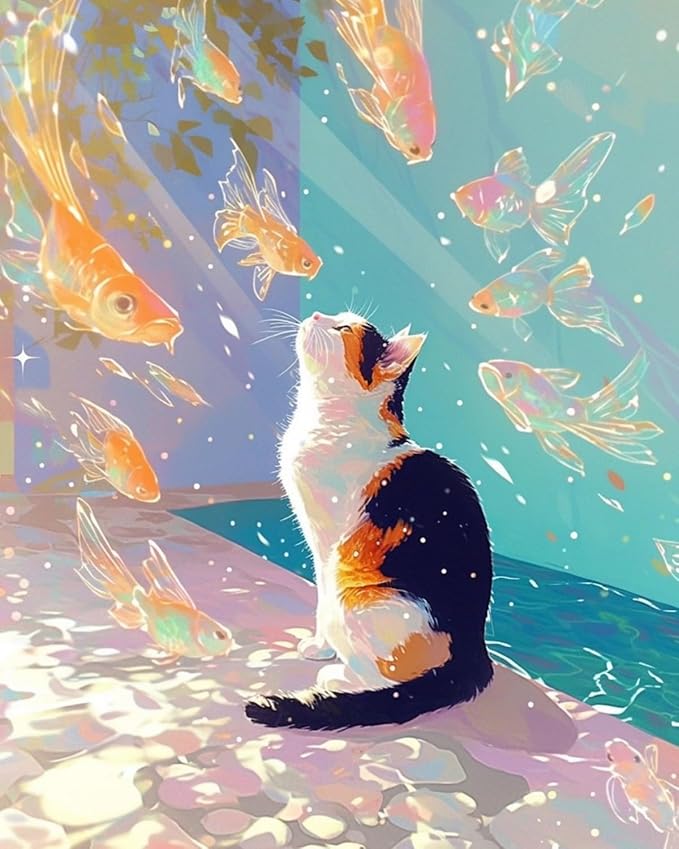 Mosaflare Paint by Numbers for Adults Beginner, Cat and Goldfish Adult Paint by Number Kits on Canvas, DIY Acrylic Oil Easy Painting by Numbers for Home Wall Decor 16X20 inch (Without Frame)