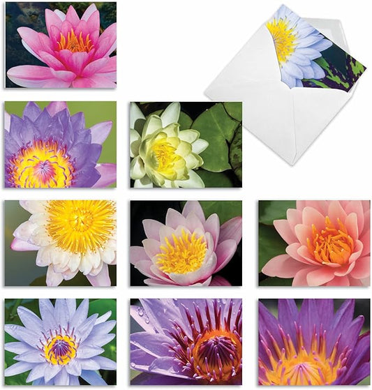 The Best Card Company - 10 Blank Note Cards with Flowers (4 x 5.12 Inch) - Floral Notecards, All Occasion Boxed Assortment - Lily Pond M3070