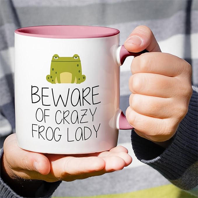 Retreez Funny Mug - Beware of Crazy Frog Lady 11 Oz Ceramic Coffee Mugs - Funny, Sarcasm, Sarcastic, Motivational, Inspirational birthday gifts - White Mug with Pink Handle and Inner