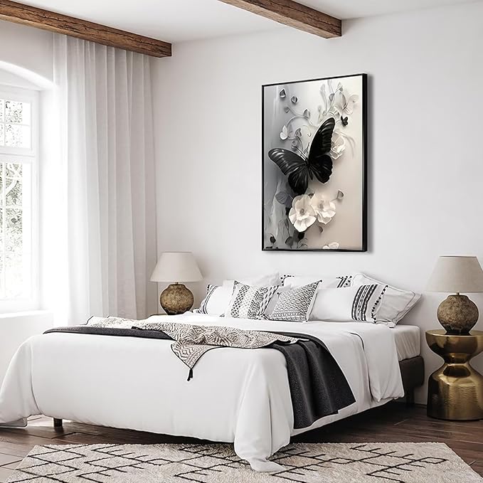 Black Butterfly with Flowers Canvas Poster Modern Minimalist Wall Art Trendy Elegant Painting Prints Vintage Nature Botanical Aesthetic Home Decor for Bedroom Living Room 24x36inch Metal Black Framed