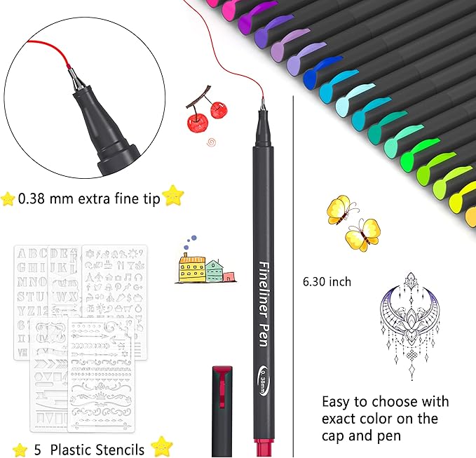 65 Pack Planner Colored Pens, 60 Assorted Colors Drawing Pens with 5 Different Stencils, Perfect for Dotted Journal Planner Writing Note Calendar Coloring Office School Supplies
