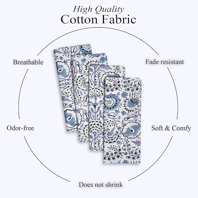 CPC Cloth Napkins 100% Cotton Set of 4 Reusable Napkins, Indian Block Print Toile Floral Dinner Napkin, Fall Thanksgiving Christmas Holiday Party Gift - Soft Absorbent Napkin, 18"x18" Indigo Blue