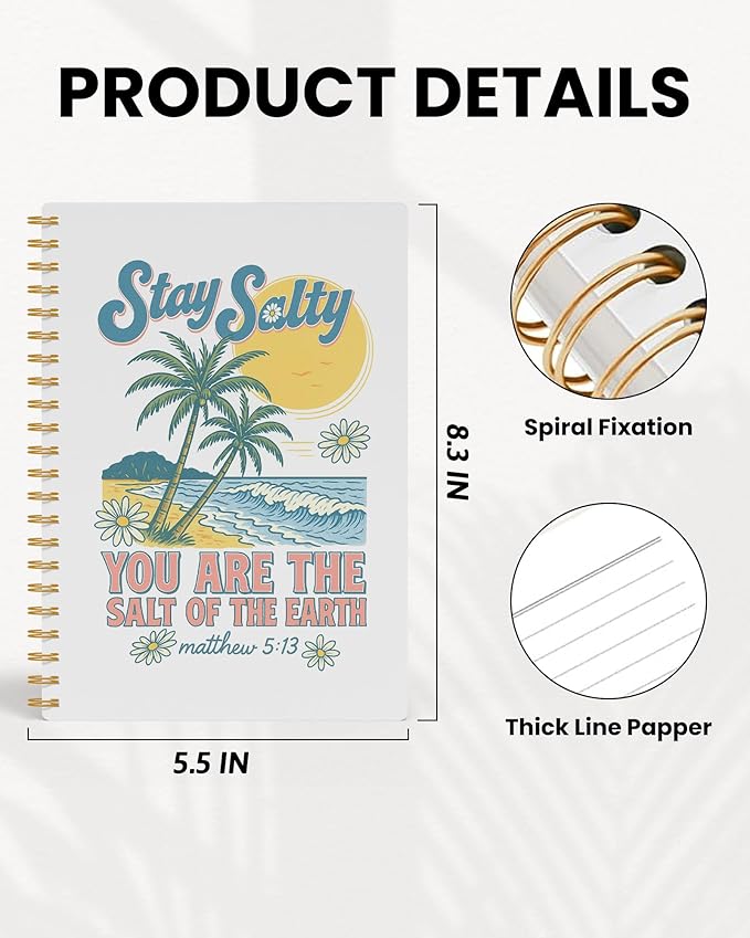 Summer Tropical Beach Christian Spiral Notebook 5.5x8.3in, Stay Salty Religious Bible Verse Journal Notebooks for Note Taking, Beach Lover Gifts, Christian Gifts, Hardcover Notebook Journal