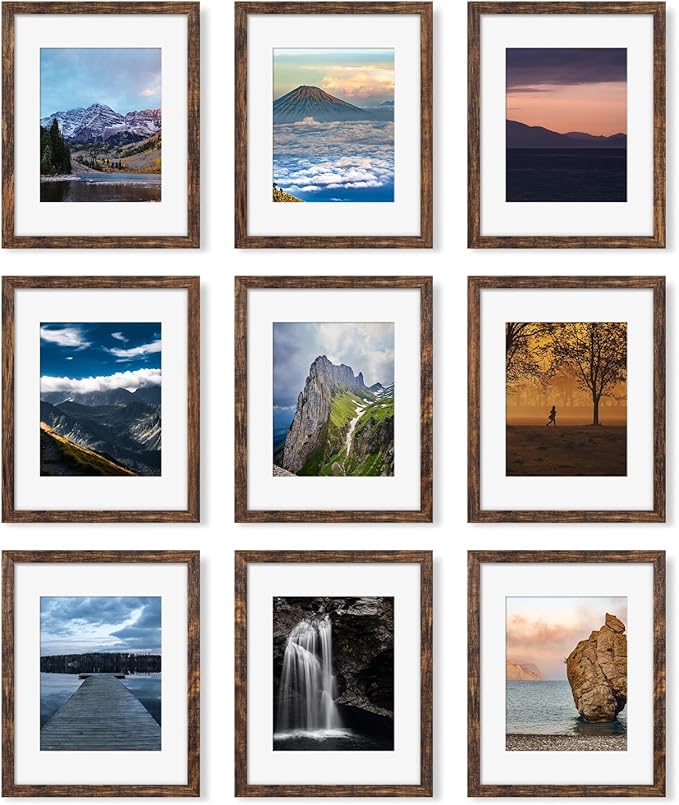 11x14 Picture Frame Set of 9, Photo Gallery Wall Frame Set, Display Pictures 8x10 with Mat or 11 x 14 Without Mat, Multi Photo Frames for Wall Mounting or Table Top Display, Rustic Brown