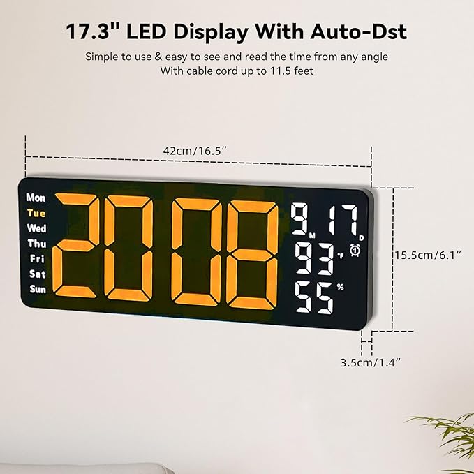 Digital Wall Clock Large Display, 17.3" Digital Clock with RGB Color Remote Control, Auto-Dimming Big Wall Clock with Night Light,Auto DST,Date Week,Temp for Home Decoration, for Elderly (Orange)