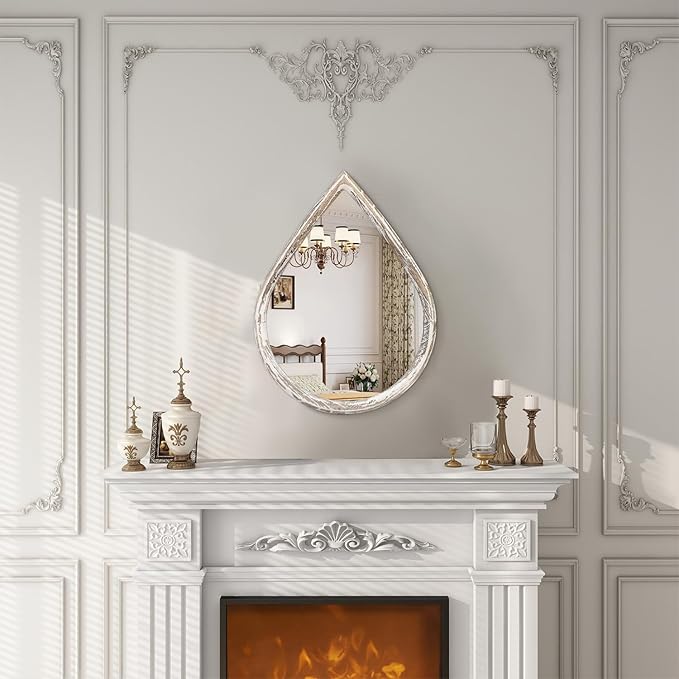 Small Decorative Teardrop Mirror - Rustic White Wood Frame - Farmhouse Hanging Mirror for Wall, Bathroom, Living Room, Entryway, Hallway