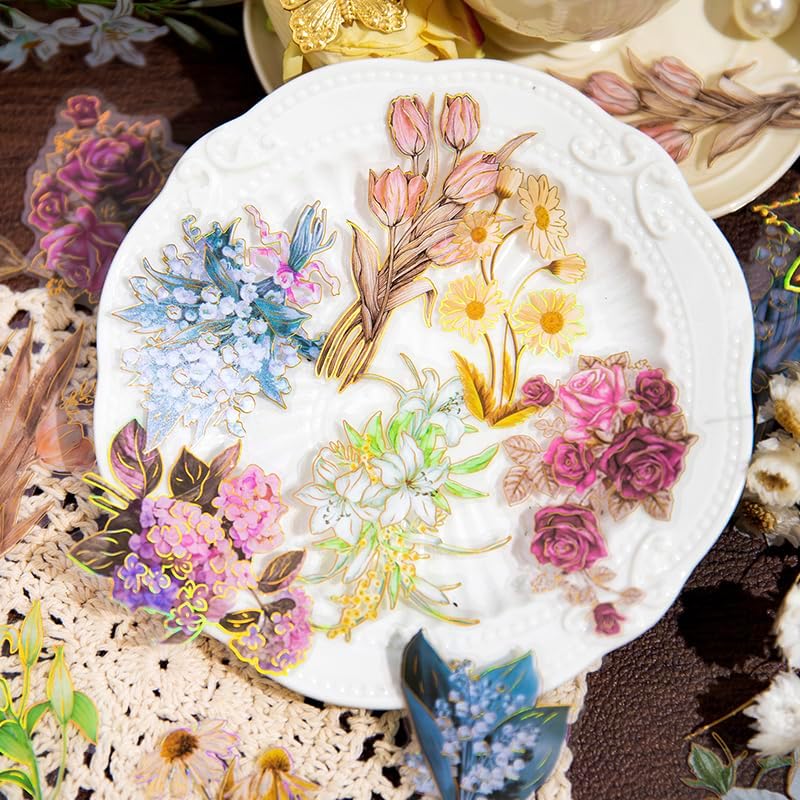 80Pcs Natural Flower Stickers for Scrapbooking,Self-Adhesive Transparent Flower Stickers Scrapbook Supplies Journaling Supplies for Adult Card Making Letters DIY Water Bottle Cards Decoration - Image 5