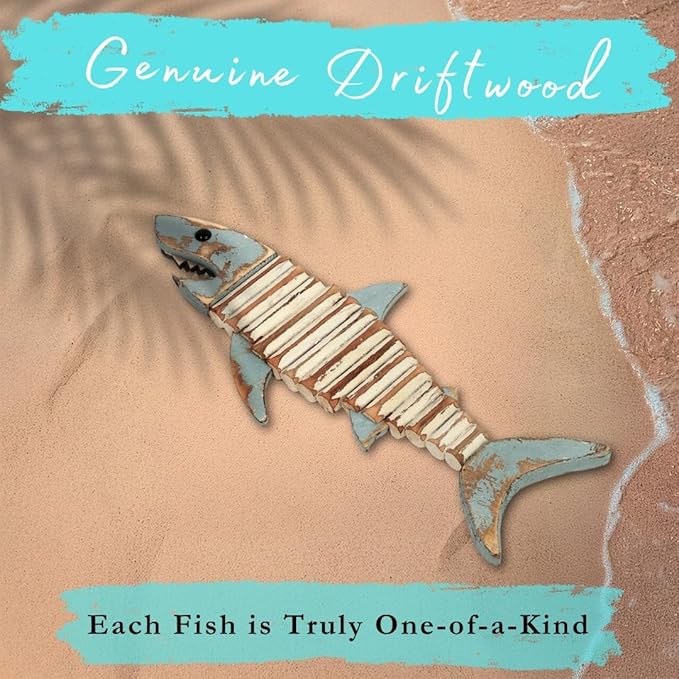 Mint Bucket Brands Driftwood Fish Nautical Wall Decor - 17" x 6. 5" Handmade Wooden Rustic Coastal Wall Art for Living Room, Bedroom, Office, Bathroom - Ocean Beach Decoration (Raya)