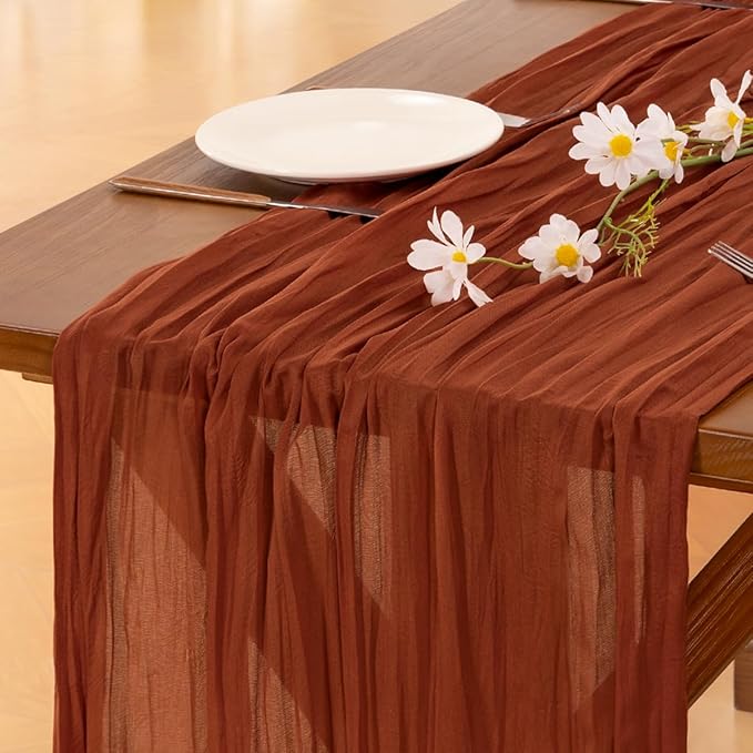 Socomi Terracotta Valentine's Day Fall Cheesecloth Table Runner Boho Rustic Farmhouse Gauze 120 inch 10FT Cheese Cloth Runner for Wedding Party Baby Shower Birthday Home Decor Holiday Decorations