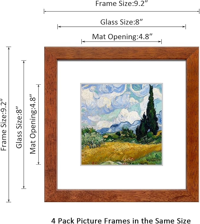 8x8 Picture Frame Set of 4 Made of Solid Wood Photo Frame with Real Glass for Pictures 5x5 with Mat or 8x8 Without Mat,Wall Gallery or Tabletop display Picture Frames,Brown