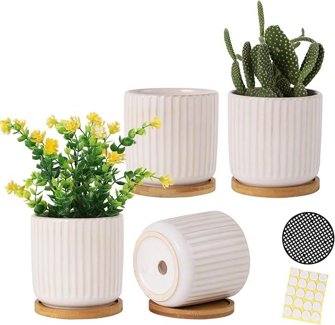 4 Inch Ceramic Plant Pots with Drainage Holes and Trays, Cylinder Vertical Stripes Small Flower Planter Pot with Bamboo Saucers for Indoor Plants, Succulent, Snake Plants, Cactus, Set of 4
