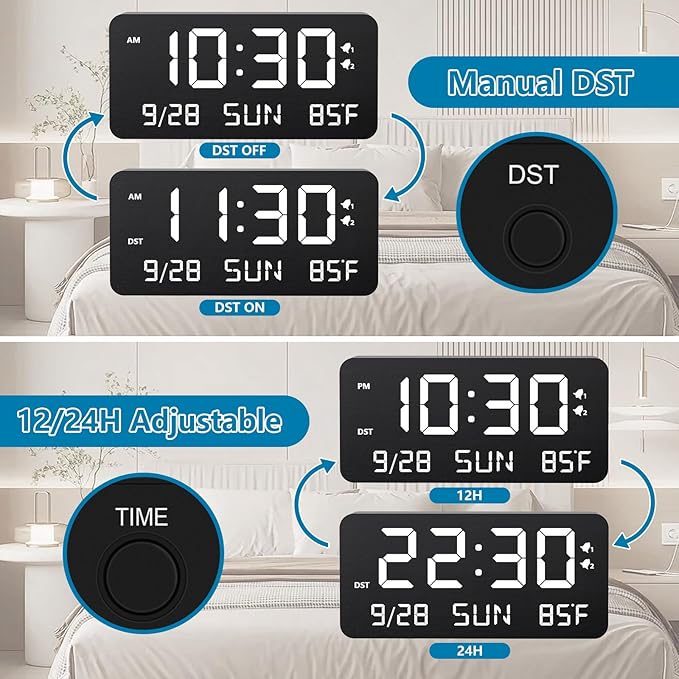 Wooden Digital Alarm Clock for Bedroom - Desk Clock with Date, Day of Week, Temperature, Dual Alarms, Dimmer, USB Port Charge, DST, Adjustable Volume for Living Room/Office Wood Decor (Black)