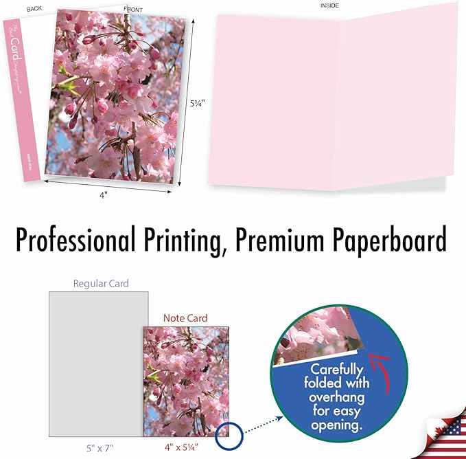 The Best Card Company - 10 Blank Note Cards with Flowers (4 x 5.12 Inch) - Floral Notecards, All Occasion Boxed Assortment - Cherry Blossoms AM6861OCB-B1x10
