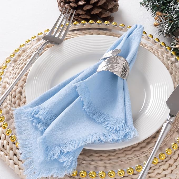 12 Pack Baby Blue Cotton Linen Napkins with Fringe Spring Cloth Napkins Set of 12 Boho Handmade Dinner Napkins Bulk for Wedding Bridal Baby Shower Valentine's Day, 17 x 17 Inches