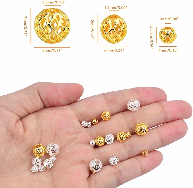 1 Box 60pcs 3 Sizes 18K Golden Silver Plated Round Hollow Spacer Beads Brass Filigree Hollow Out Ball Beads Accessories for DIY Bracelet Necklace Earrings Jewelry Making