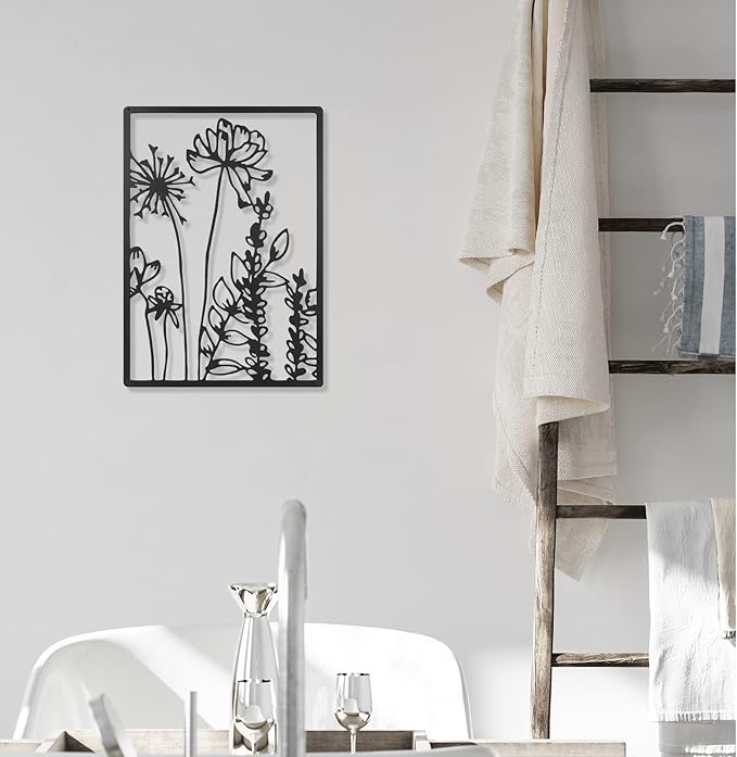 Therwen 3 Pcs Black Metal Wall Art Minimalist Wall Decor for Bedroom Flowers Decor Hanging Flower Bathroom Art Flower Line Sculpture Kitchen Decoration 16.5 x 9.8 Inch(Cute Style)