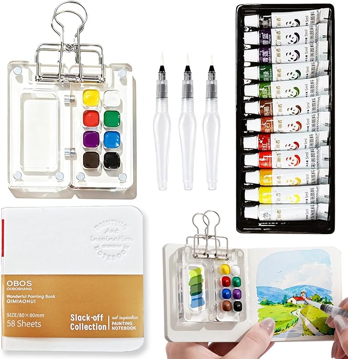 Mini Watercolor Paint Set Portable, Travel Grid Paint Palette Box with Binder Clips Include Paint, Brush*3 and Picture Album Art Materials Coloring Markers (Clear Acrylic-S)