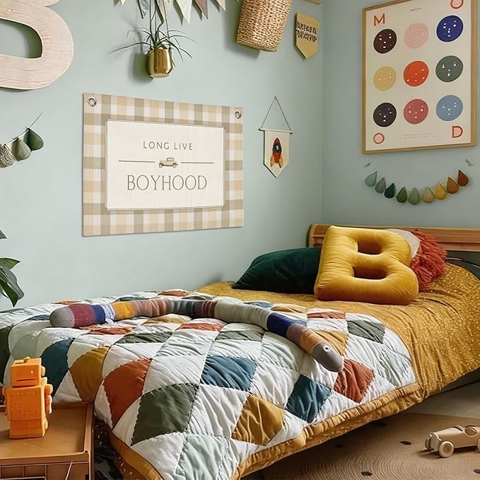 Vintage Long Live Boyhood Boys Room Decor Wall Art,Car Room Decor Linen Banner Print Wall Hanging for Toddler Dorm Playroom Nursery 30X20 Inch