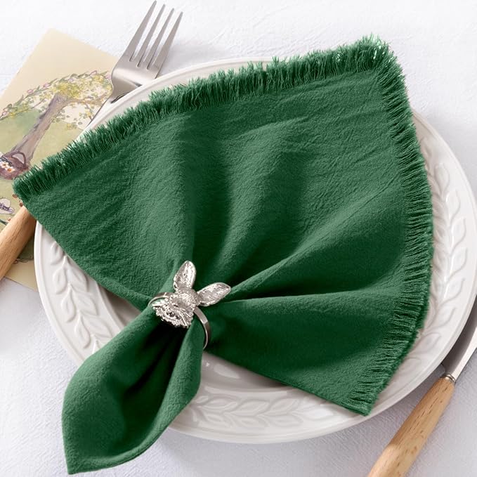 12 Pack Dark Green Cotton Linen Napkins with Fringe Christmas Green Cloth Napkins Set of 12 Boho Handmade Dinner Napkins Bulk for Wedding Bridal Baby Shower Valentine's Day, 17 x 17 Inches
