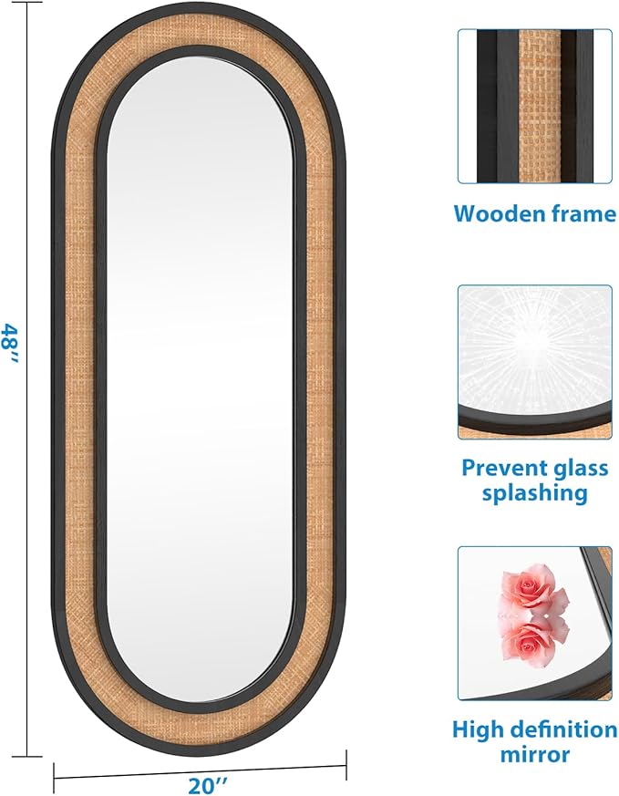 Rattan Wall Mirror with Wooden Framed Black Oval Bathroom Mirror 20 X 48 inch Farmhouse Wood Mirror for Modern Decorative Bathroom, Living Room, Entryway, Bedroom