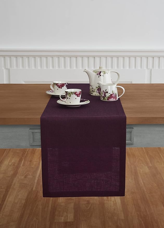 Solino Home Linen Chambray Burgundy Table Runner 156 Inches Long - Athena, 100% Pure Linen 14 x 156 Inch Table Runner for Valentines