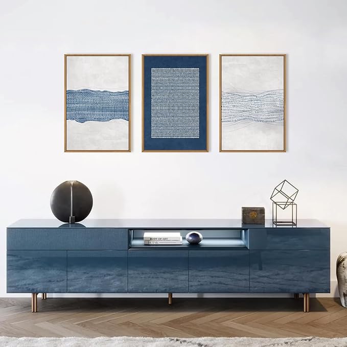 Large Abstract Navy Blue and White Framed Canvas Wall Art,Minimalist Boho Waves Lines Wall Decor,Modern Mid Century Artwork,Neutral Geometric Art Print for Living Room,Bedroom,Office- 16"x24"x3