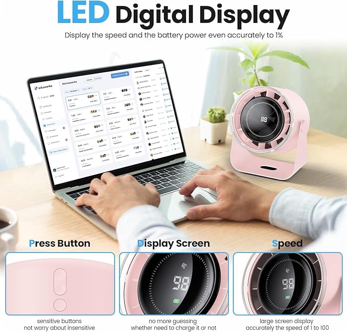 Small Desk Fan, 28dB Ultra-Quiet Desktop Air Circulator with 115° Adjustable Tilt, 100 Speeds, Rechargeable Battery, USB-Powered, Portable for Bedroom, Office, Kitchen, Travel - (Pink)