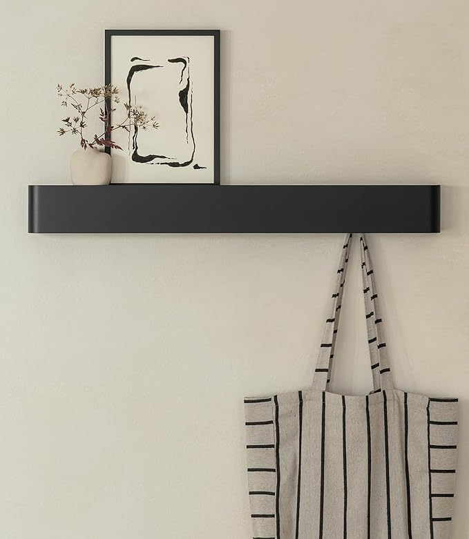 Kazai.®️ Coat Rack Wall Mount with Shelf 'Tone' | Modern Design Coat Hanger with Hidden Hooks and Storage | Hat Rack with Shelf in Metal | Wall-Mounted Purse Organizer | Black