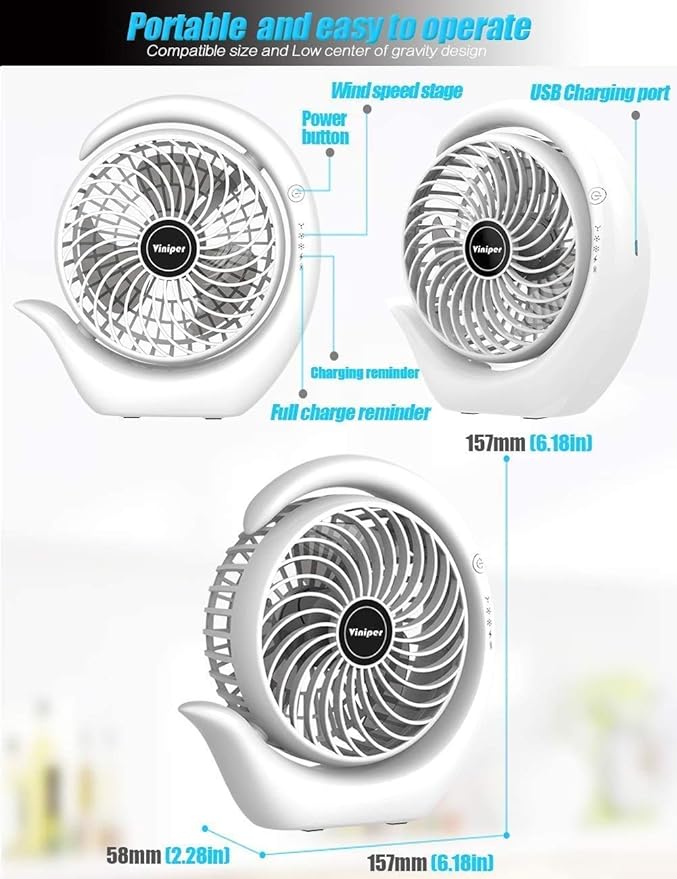 Viniper Portable Rechargeable Fan, Small Desk Fan : 3 Speeds & about 8-24 Hours Longer Working, 180° Rotation, Portable Fan Small but Mighty, Strong Wind (Grey, Light Black Blade)