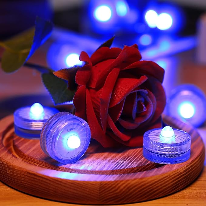 HL Submersible LED Light,Blue Small LED Light,100 Hours Waterproof Flameless Led Lights Battery Powered for Wedding Home Vase Festival Party Decoration 24pcs (Built-in 48 Batteries)